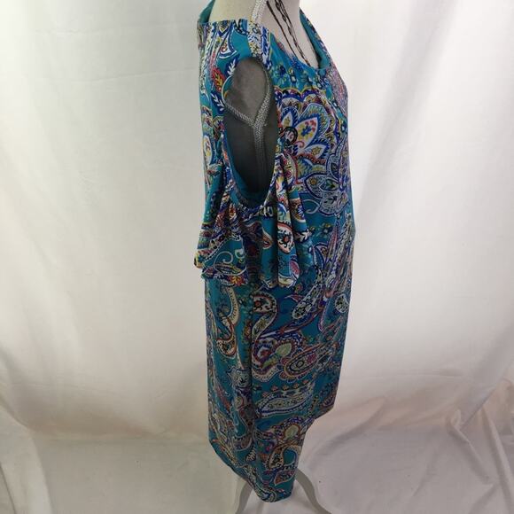 RN Studio Cold Shoulder Paisley Dress Turq Multi 6 - Picture 14 of 16